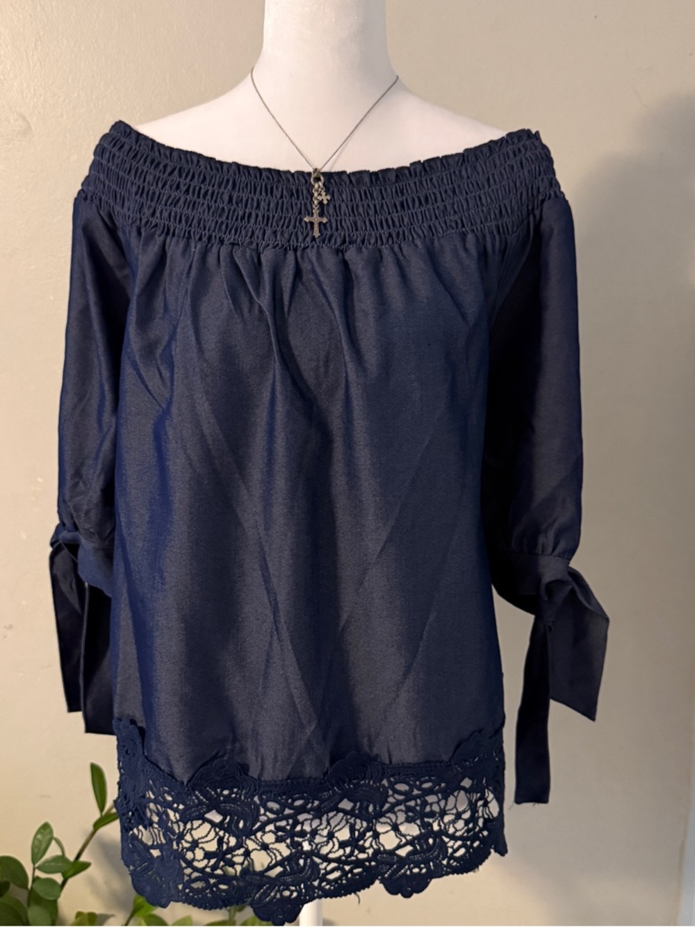 Unique Spectrum Navy Off-Shoulder Crochet Trim Blouse
